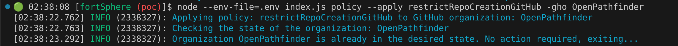 fortSphere command-line interface logs indicating that the organization is already compliant with the applied policy.