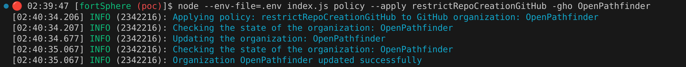 fortSphere command-line interface logs showing that changes were applied successfully to bring the organization into compliance