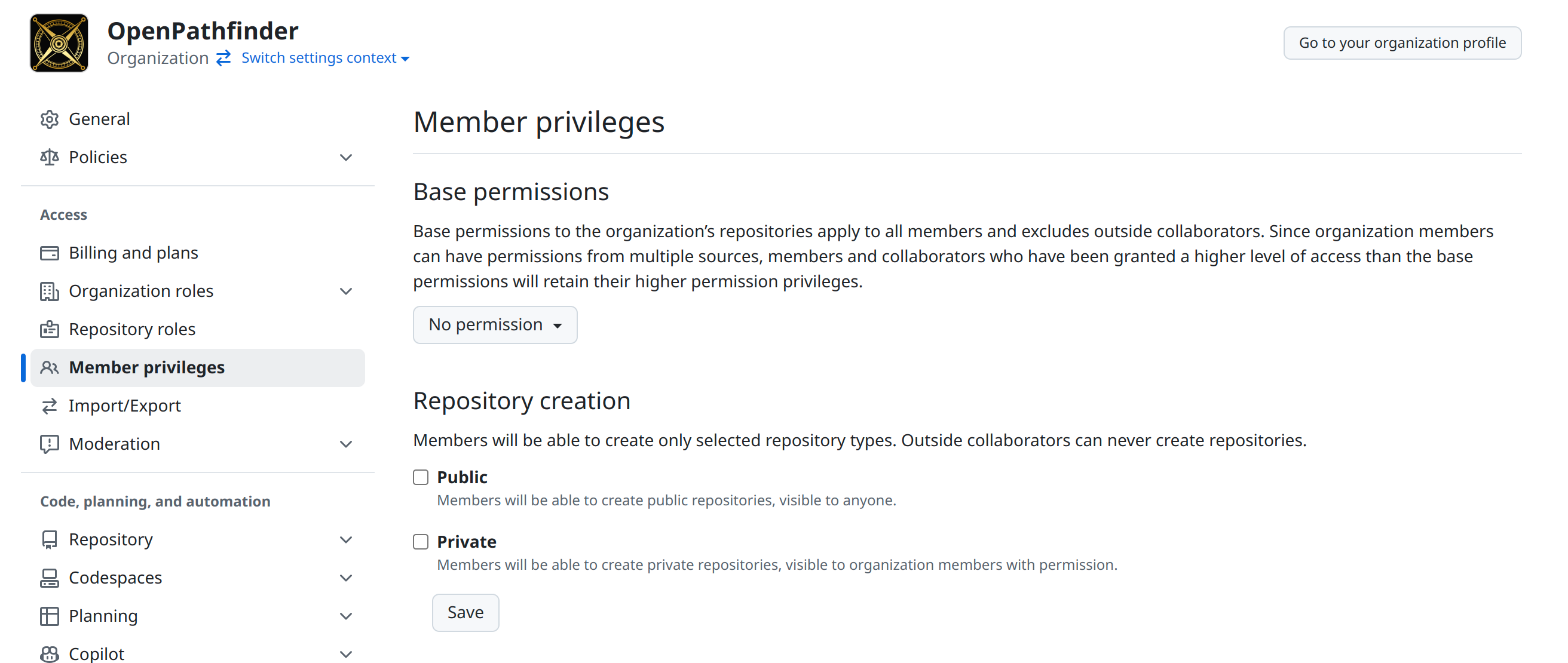 GitHub organization settings page showing member privileges and repository creation options before applying the compliance policy.