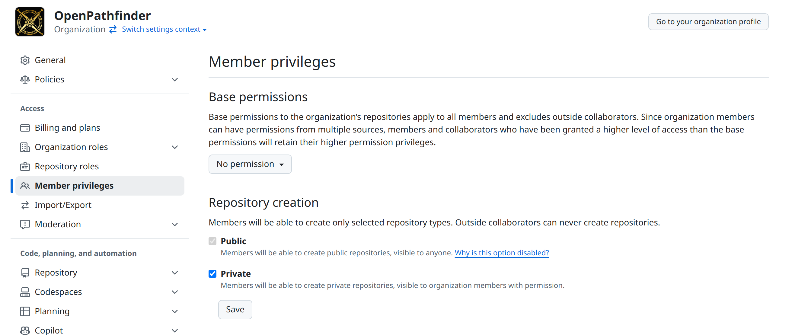 GitHub organization settings page displaying member privileges and repository creation options requiring updates for compliance.