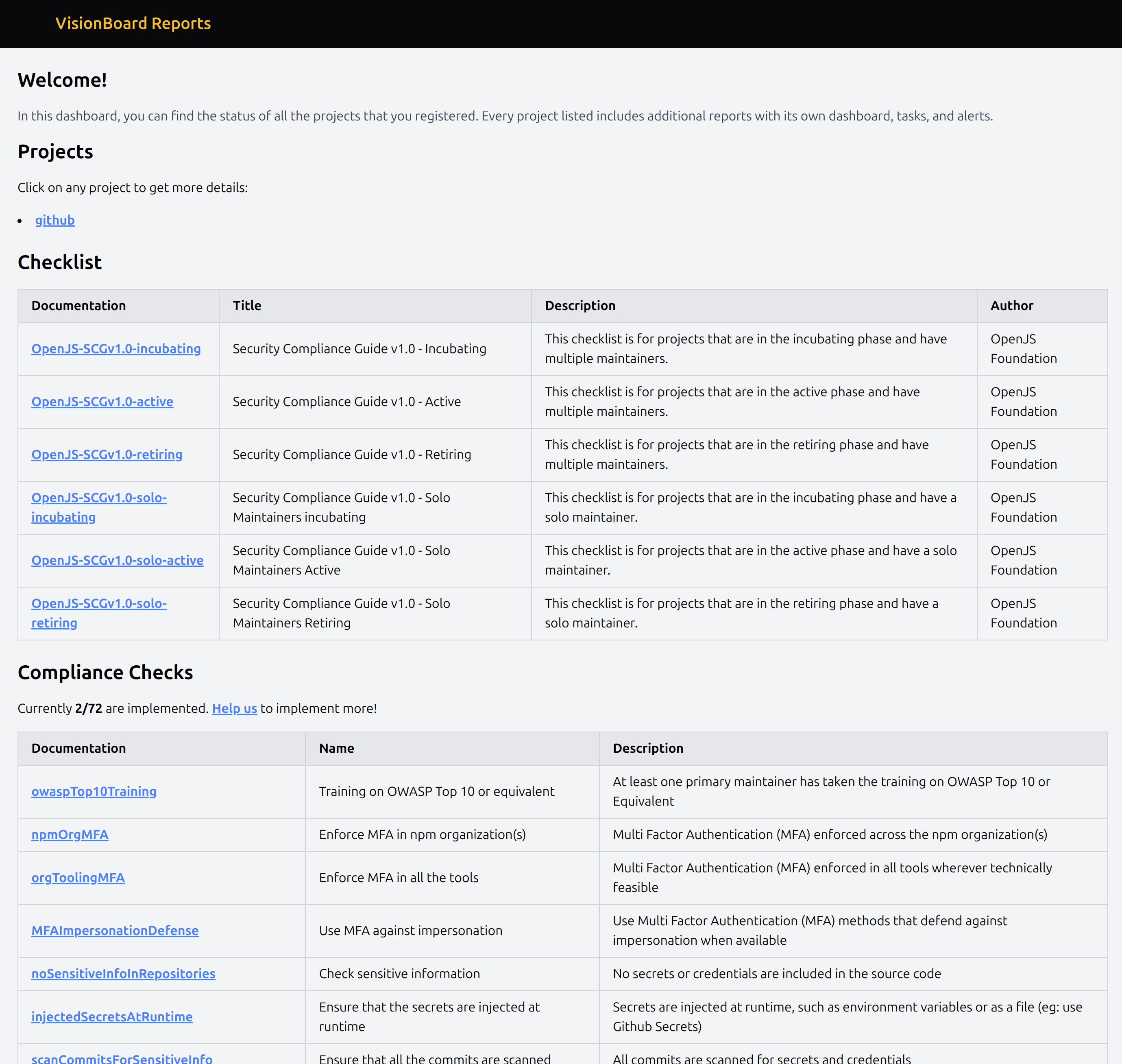 Screenshot of a VisionBoard Reports dashboard showing a project management interface. The dashboard has a welcome section, a projects link to GitHub, and a checklist table. The checklist table includes columns for Documentation, Title, Description, and Author, listing different security compliance guides by the OpenJS Foundation for various project phases like &#39;Incubating,&#39; &#39;Active,&#39; and &#39;Retiring.&#39; A Compliance Checks section below lists the names, descriptions, and details of various implemented and pending security checks, such as OWASP training and enforcing MFA.